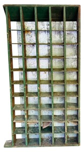 lot 188 image: Vintage Green Wooden and Metal Back Cabinet with Cubbies for Shoes and More