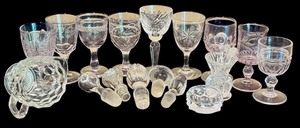 lot 173 image: Beautiful Vintage Crystal and Glass Items including Cordial Glasses, Wine Stoppers, Candle Holder and More