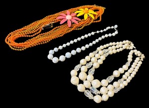 lot 166 image: Costume Jewelry including Orange Beaded Necklace and Two Floral Pins