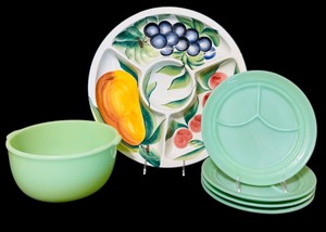 lot 165 image: Vintage Jadeite Mixing Bowl and Green Divided Fireking Plates and More