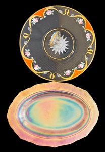 lot 164 image: Vintage Handpainted Floral Glass Tidbit or Sandwich Tray Colorful Flowers & Vintage Marigold Federal Glass Normandie Platter