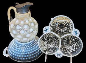 lot 160 image: Vintage White Opalescent Glass Coin Dot Syrup Pitcher, Vintage Anchor Hocking Moonstone Hobnail Three-way Divided Serving Dish and Bowl