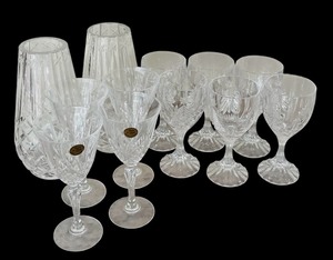 lot 49 image: Vintage Lots of Cristal de Flandre France, Vases and Etched Holiday Wine Glasses