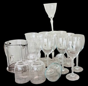 lot 48 image: Vintage Beautiful Glass and Etched Stemware and Glass Beverage Pitcher