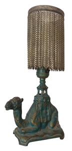 lot 95 image: Vintage Art Nouveau Cast Iron Camel Lamp with Chain-Link Shade