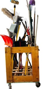 lot 211 image: Lot of Outside Tools and Wooden Container with Wheels including Rakes, Mop, Brooms, Shovels and More