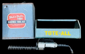 lot 223 image: Vintage Black & Decker Tool Kit, Vintage Metal Tool Box Tote-All and Craftsman Electric Hedge Trimmer