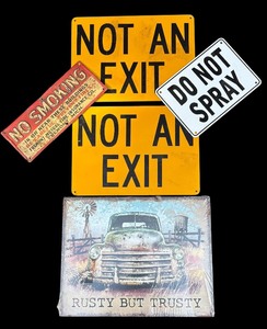lot 225 image: Vintage and New Tin Garage Signs  Not an Exit, Do Not Spray and More