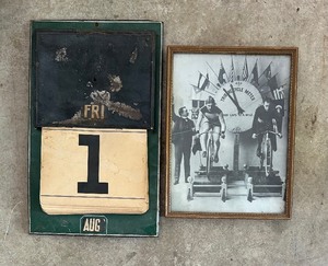 lot 253 image: Vintage Tin Advertising Calendar and Framed The Tribune Bicycle Meter for Racers - 1901- Historic Photo Print - Cracked Glass