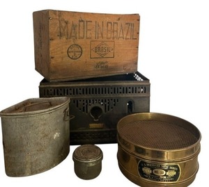 lot 259 image: Vintage Treasures Including Camping Tin, Vintage Aluminum Mid Century Storage Tin, U.S. Standard Sieve No. 50, Form-A-Germ Disinfectant Tin and More