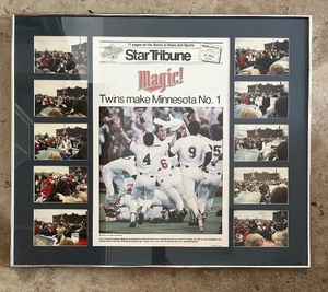 lot 247 image: Framed Star and Tribune 1987 Twins World Series Newspaper Page and Parade Pictures
