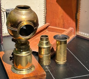 lot 122A image: Vintage Jean Schoenner Magic Lantern, with Brass Spherical Body, Lens and Original Box