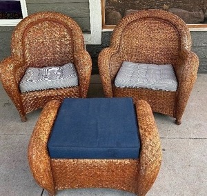 lot 27 image: Rustic Style Outdoor Wicker Chairs and Ottoman Set