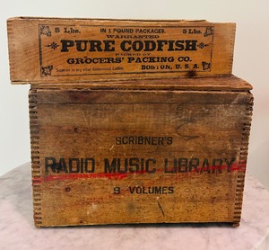 lot 65 image: Vintage Wooden Crates Pure Cod Fish and Radio Music Library