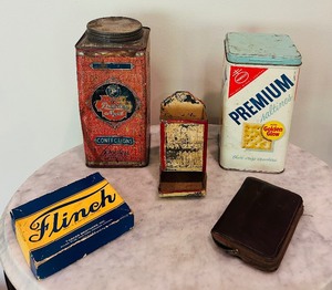lot 67 image: Amazing Vintage Finds including 1930s Peerless Maid Confections Candy Tin, Vintage 60s Nabisco Premium Saltines and More