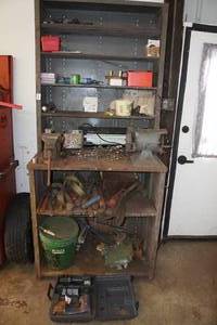 lot 100 image: Garage Work Bench and Shelf with Contents