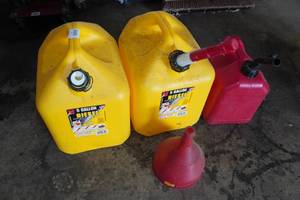 lot 77 image: 3 Fuel Cans and Funnel - 5-Gallon Diesel, 2-Gallon Gas