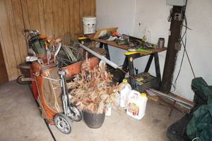 lot 102 image: Large Assortment - Tools, Saw Horses, Golf Clubs