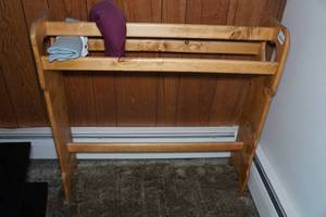 lot 160 image: Vintage Wooden Blanket Rack with Heat Pad and Neck Pillow