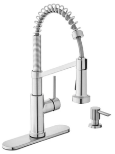 lot 84 image: Glacier Bay Gage 1004 821 114 Single-Handle Spring Neck Pull-Down Kitchen Faucet with TurboSpray, FastMount, Soap Dispenser in Stainless Steel