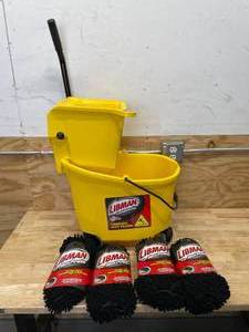 lot 97 image: Libman Mop Bucket and Wringer with 4 Microfiber Floor Mop Refills