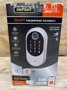 lot 156 image: Smart Fingerprint Deadbolt Defiant Satin Nickel Model # 1009 561 265 - 05152514.28