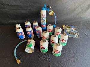 lot 11 image: Set of Assorted Automotive Refrigerant Cans with Recharge Kits - content quantities unverified