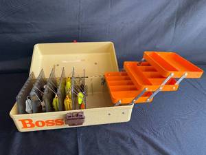 lot 14 image: Old Pal Woodstream Bass Boss Spinner Box with Assorted Fishing Lures
