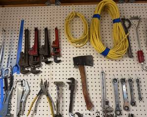 lot 81 image: Collection of Hand Tools Including Pipe Wrenches and Claw Hammer