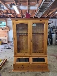 lot 104 image: Solid Wood Gun Cabinet with Double Glass Doors and Drawers