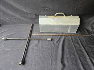 lot 108 image: Vintage Steel Tool Box with Cross Wrench and Drill Bit