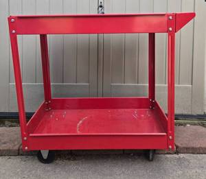 lot 135 image: Red Metal Utility Cart with Dual Shelving