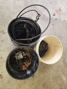 lot 136 image: Collection of Buckets with Chains, Ropes, and Cables