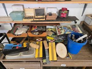 lot 214 image: Collection of Workshop Tools and Accessories with Sanding Belts and Drill Bits