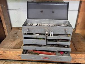 lot 256 image: Metal Toolbox with Assorted Hand Tools and Attachments