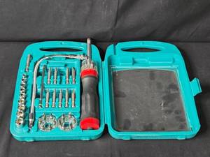 lot 18 image: Tool Source 44-Piece Ratchet Screwdriver Set and Benchtop Pro Jigsaw with Scissors and Accessories