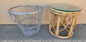 lot 41 image: Wire Basket and Bamboo Side Table Set with Glass Top