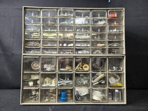 lot 43 image: Assorted Hardware Drawer Storage Unit with Various Fasteners and Components