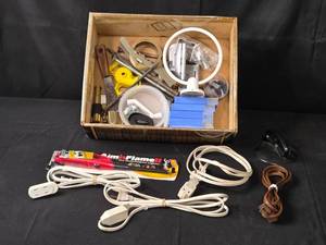 lot 49 image: Assorted Household and Hardware Items including Cords, Tools, and Accessories