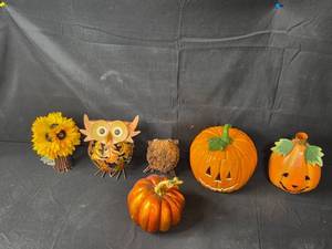 lot 56 image: Halloween and Autumn Decor Collection with Pumpkins, Owls, and Sunflowers