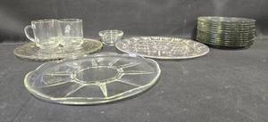 lot 59 image: Set of Glass Dinnerware Pieces Including Plates and Mugs
