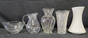 lot 64 image: Assorted Glassware Collection including Vases, Pitcher, and Bowl