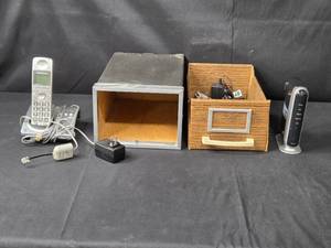 lot 66 image: Panasonic Cordless Phone Set and Actiontec M1000 DSL Modem with Accessories & VTG Card Holder