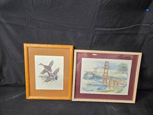 lot 69 image: Signed Pair of Framed Art Prints - Golden Gate Bridge and Ducks