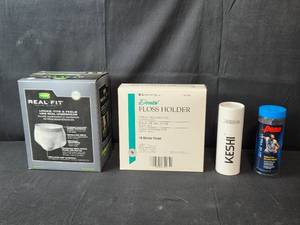 lot 113 image: Assortment of Personal Care and Sports Items - Floss Holder, Deodorant, Depend Briefs, and Tennis Balls