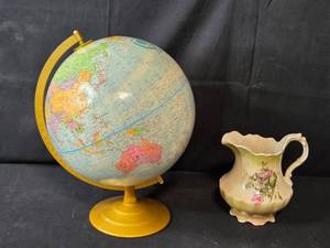 lot 114 image: Vintage World Globe with Vintage Floral Pitcher