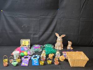 lot 131 image: Assorted Easter Decoration Set Including Ceramic Bunnies and Baskets