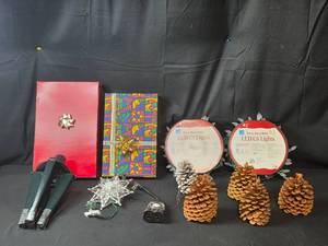 lot 132 image: Assorted Holiday Decorations Including Pinecones and LED Lights