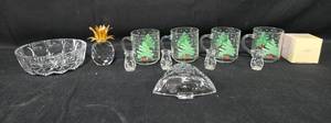 lot 141 image: Decorative Glass and Crystal Set with Christmas Mugs and Lenox Pineapple Figurine