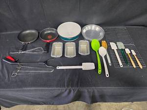 lot 143 image: Assorted Kitchenware Collection with Pans, Utensils, and Bakeware